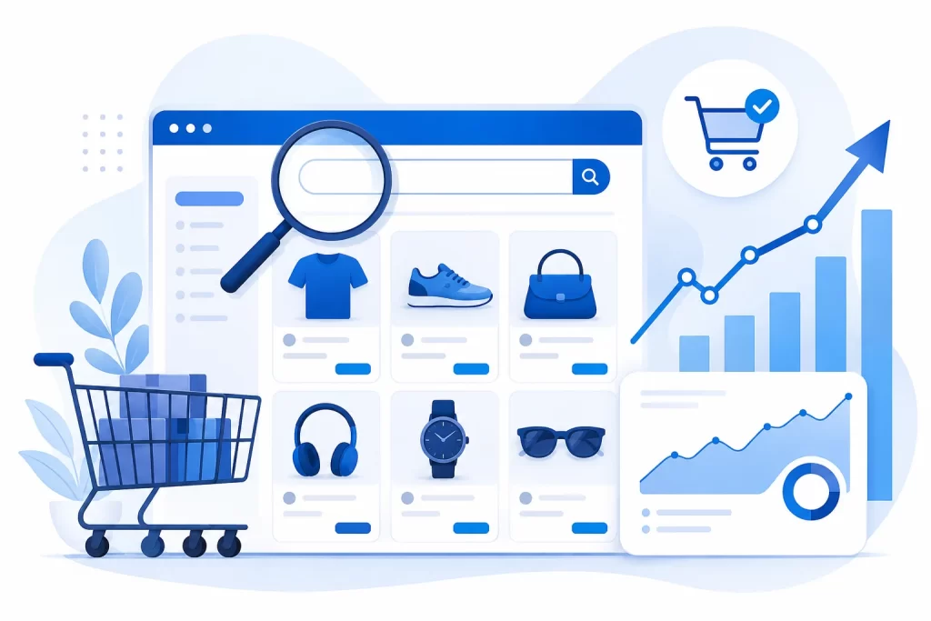 E-ticaret siteleri için SEO ajansı seçimini anlatan illüstrasyon, online mağaza ve organik trafik artışı