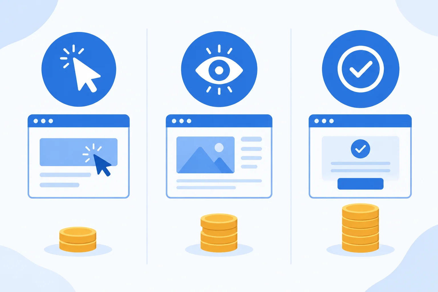 Google Ads fiyatlandırma modelleri CPC, CPM ve CPA karşılaştırması illüstrasyonu