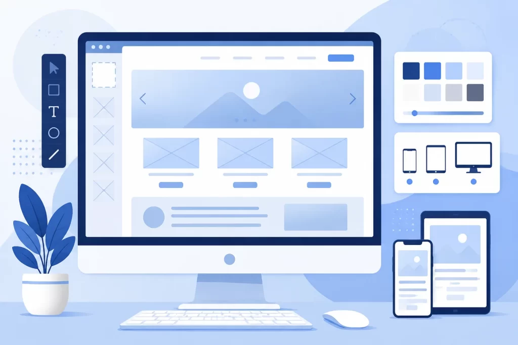 Kurumsal web tasarımı hizmetini anlatan minimalist illüstrasyon, dizüstü ekranında website mockup ve tasarım araç ikonları