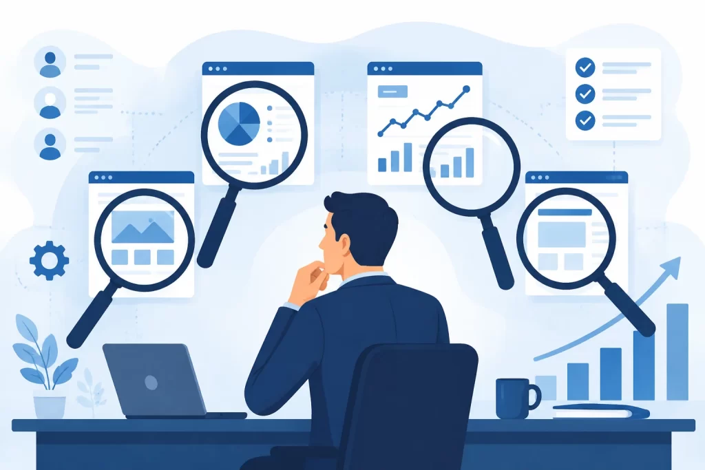 SEO ajansı seçerken karşılaştırma yapan işletme sahibini gösteren illüstrasyon