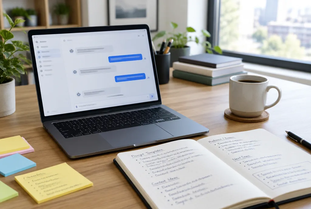 Laptopta yapay zekâ sohbet ekranı ve defterde prompt şablonu notları