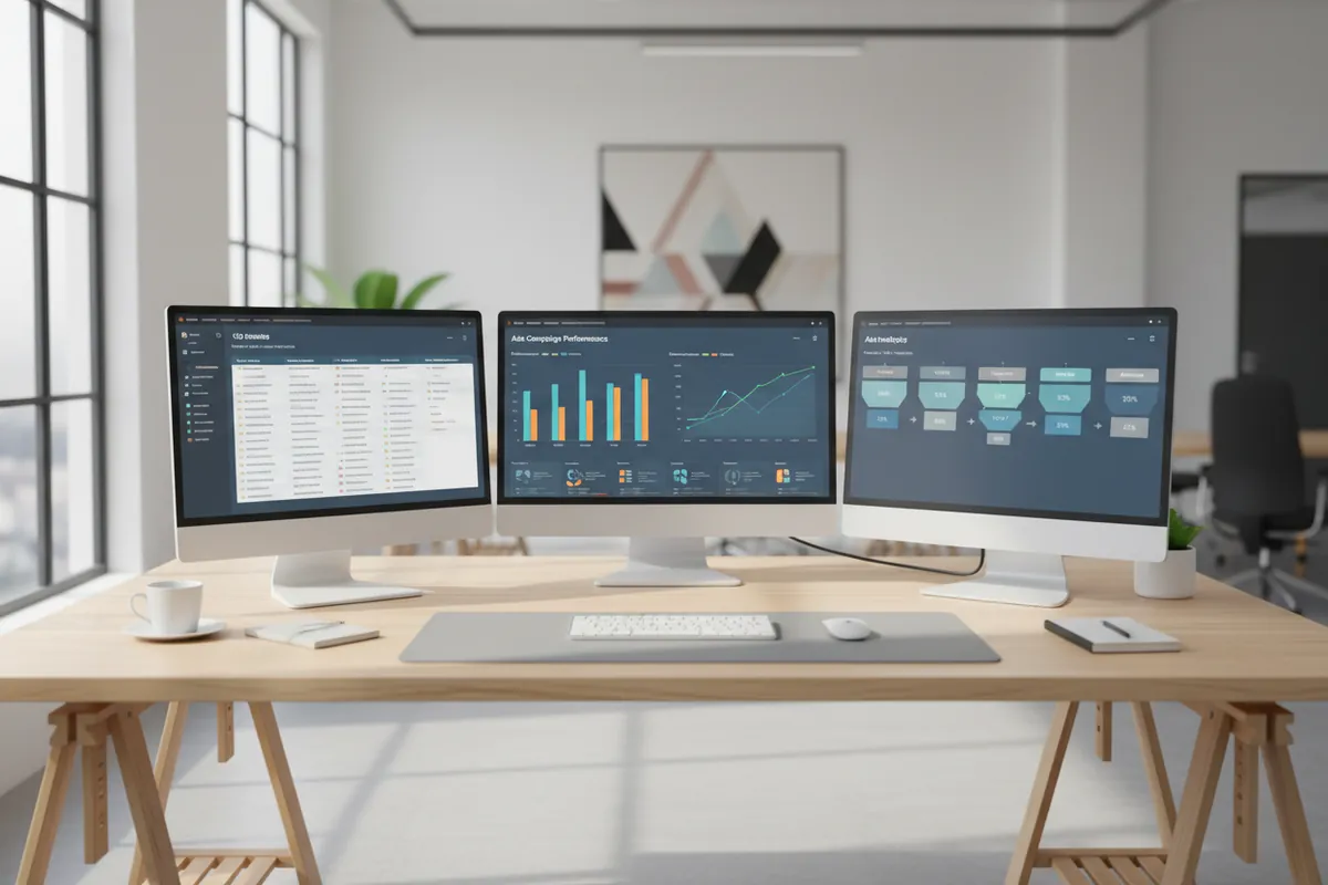 SEO, reklam ve web analitiği panellerini gösteren üç ekranlı dijital pazarlama çalışma masası