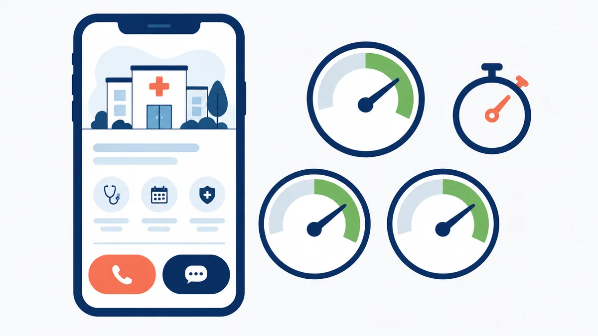 Diş kliniği sitesinde mobil hız ve Core Web Vitals ölçümünü gösteren telefon ve gösterge illüstrasyonu