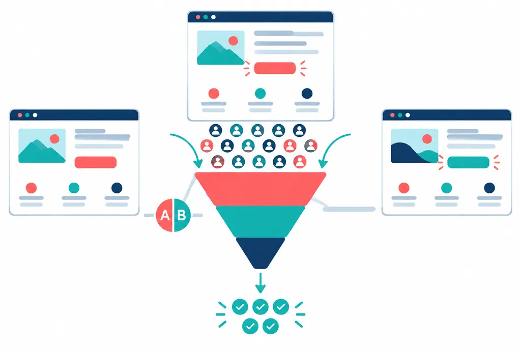 Dönüşüm oranı optimizasyonu: açılış sayfası, dönüşüm hunisi ve A/B testi infografiği