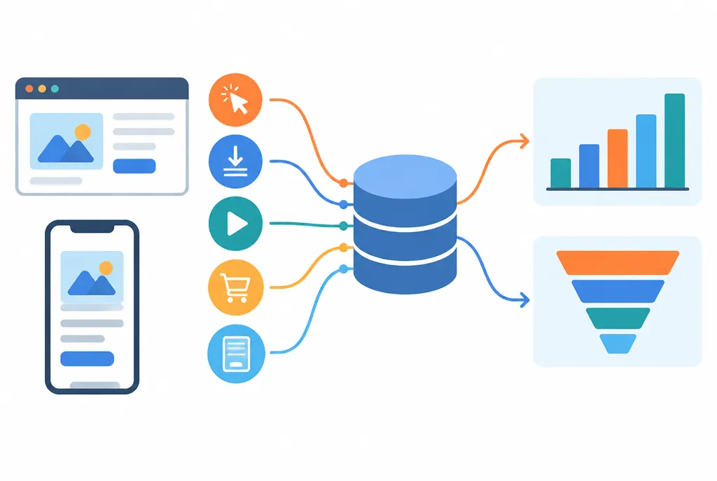 Google Analytics 4 etkinlik tabanlı ölçüm infografiği: tıklama, indirme, video ve satın alma etkinlikleri