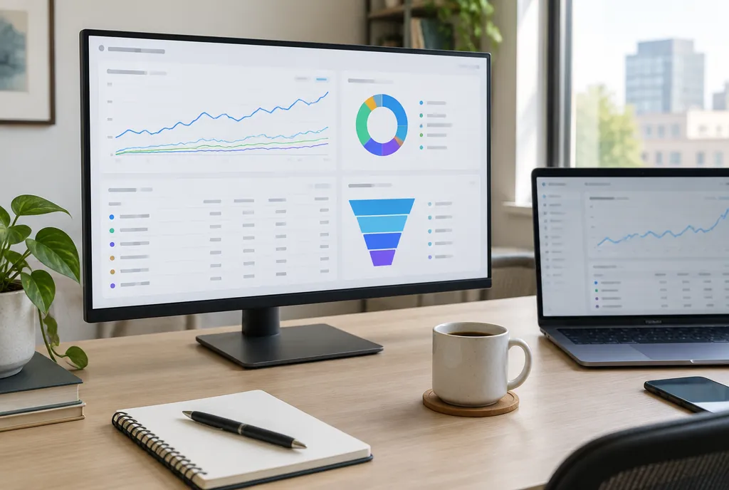 Monitörde web analitiği paneli: kullanıcı grafiği, trafik kaynakları ve dönüşüm hunisi