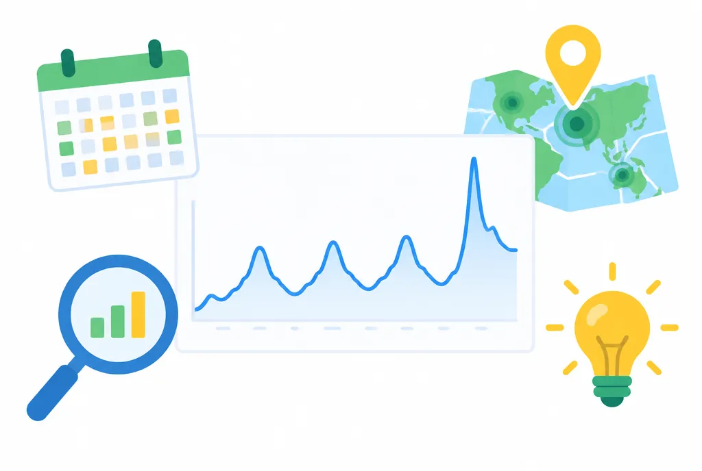 Google Trends nedir: arama ilgisinin mevsimsel dalgalanmasını ve bölgesel dağılımını anlatan infografik