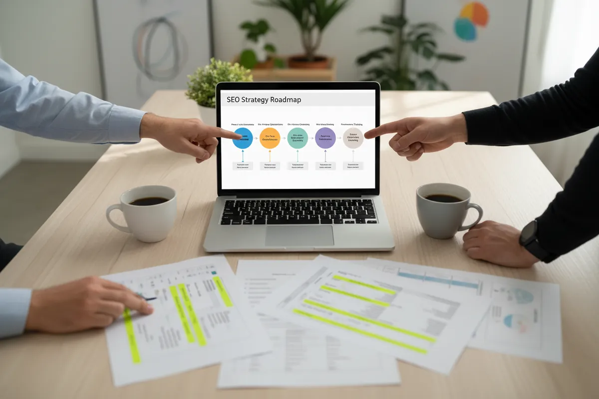 SEO danışmanlığı toplantısında ekrandaki SEO strateji yol haritası ve denetim notları