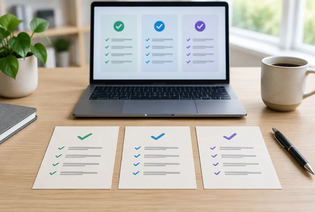 Üç farklı SEO paketinin hizmet kapsamını karşılaştıran kontrol listesi kartları