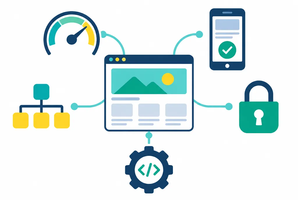 Teknik SEO nedir: site hızı, mobil uyum, site haritası, HTTPS ve kod optimizasyonu infografiği