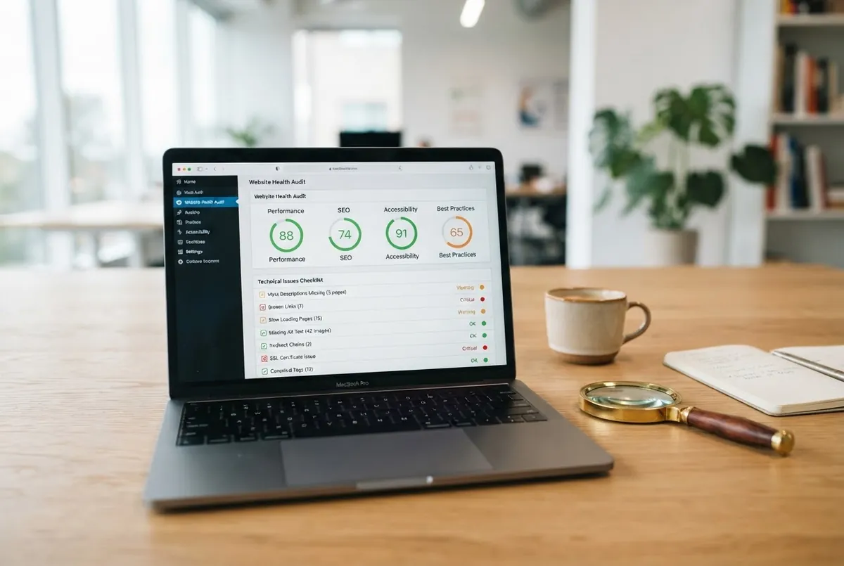 Ücretsiz SEO analizi kapsamında laptop ekranında site denetim raporu ve skor göstergeleri