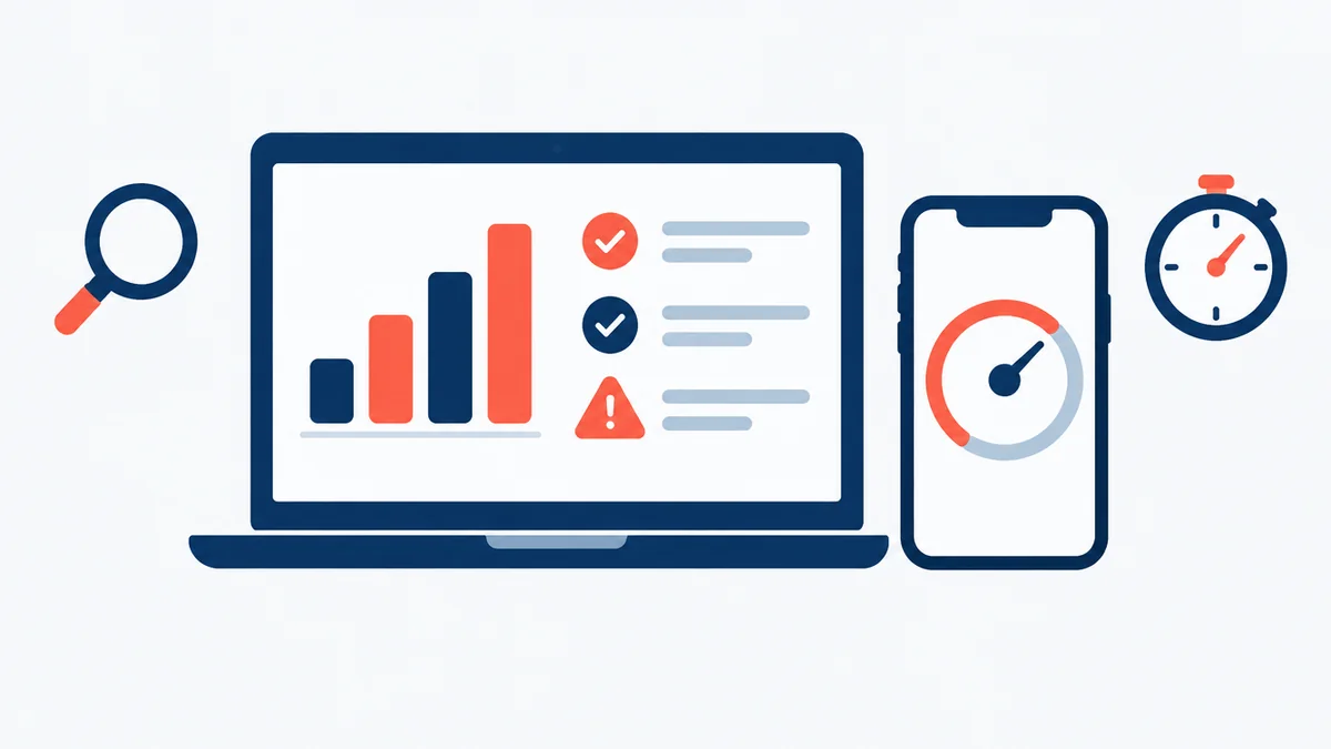 Ücretsiz site analizi öncesi Search Console ve hız ölçüm ekranlarıyla yapılan ön kontrol illüstrasyonu