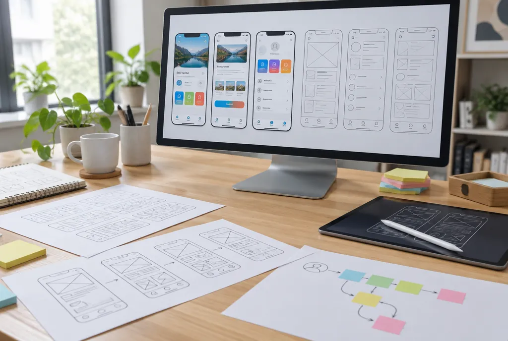 Monitörde mobil uygulama arayüz tasarımı ve wireframe ekranları, masada kullanıcı akışı çizimleri