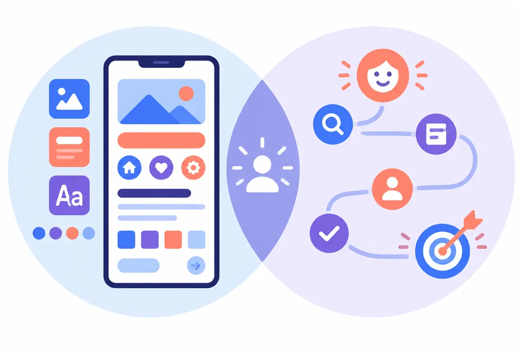 UI ve UX nedir: arayüz katmanı ile kullanıcı yolculuğunun kesişimini gösteren infografik