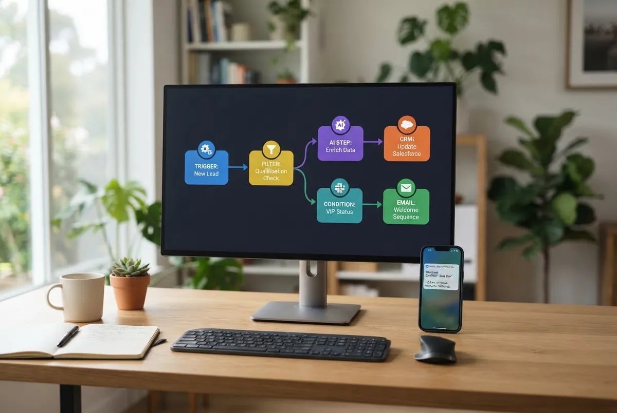 Yapay zekâ otomasyonu iş akışı şeması gösteren monitör ve akıllı telefon bildirimi